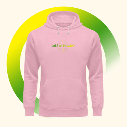 Vooraanzicht van een roze Koffie Hoodie met de Koffie Print Lekker Bakkie.