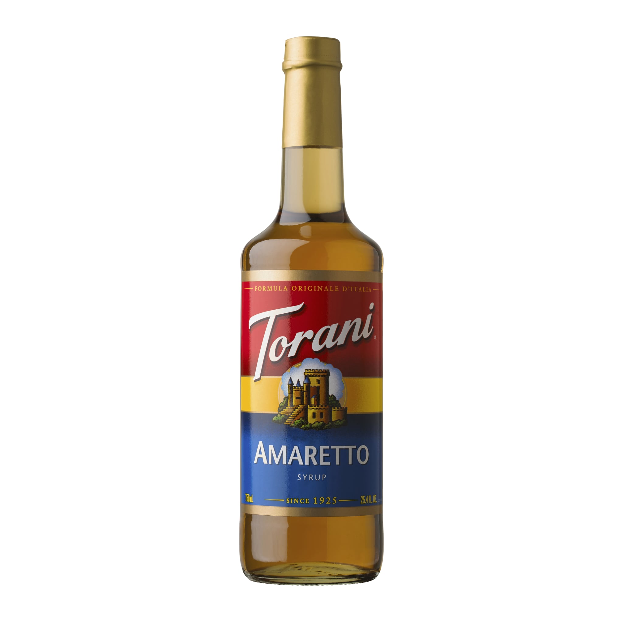 Torani amaretto koffie siroop voor in de koffie van de Baristashop en Geertjandebaristaman. Productafbeelding vooraanzicht.