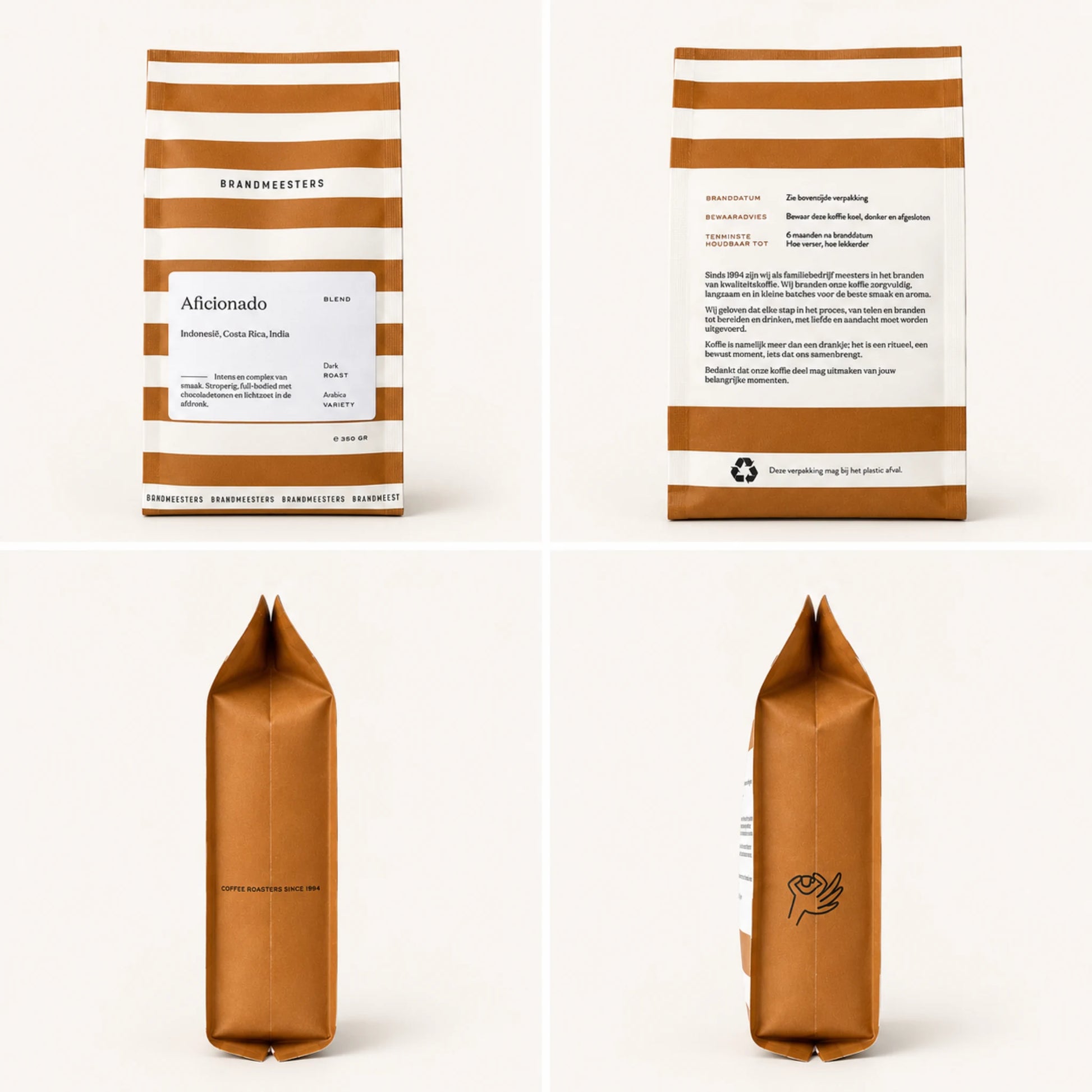 Aficionado koffiebonen verpakking van 350 gram met voorkant, achterkant en zijkanten voor productinformatie en zetadvies.
