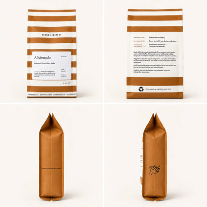 Aficionado koffiebonen verpakking van 350 gram met voorkant, achterkant en zijkanten voor productinformatie en zetadvies.