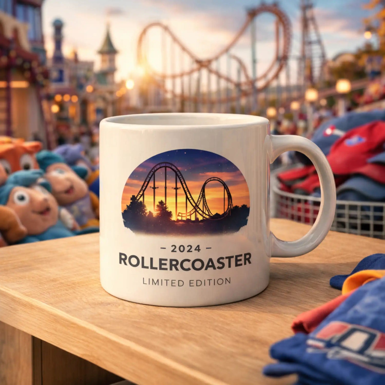 Gepersonaliseerde mok als attractiepark merchandise, limited edition voor rollercoasters, parken en lokale micro-merchandise.