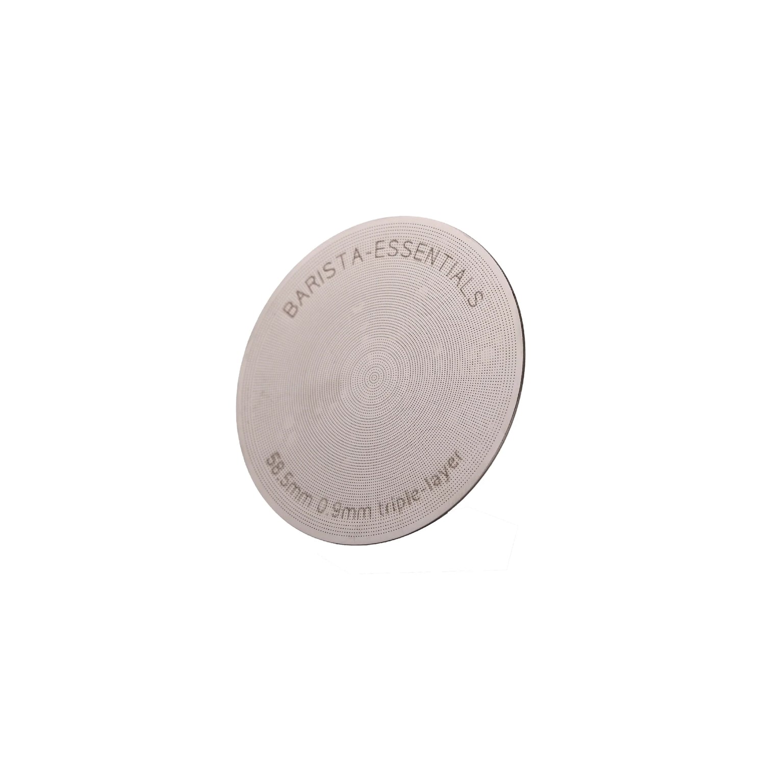 Barista-Essentials Puck Screen V2 58,5 mm met fijn geperforeerd RVS filteroppervlak.