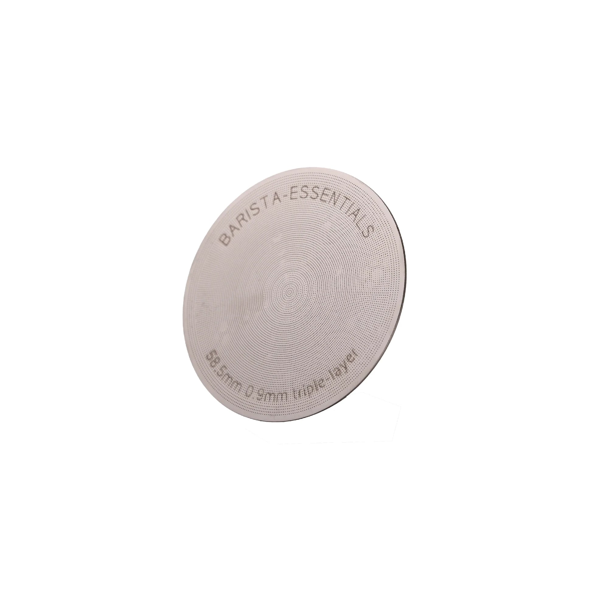 Barista-Essentials Puck Screen V2 58,5 mm met fijn geperforeerd RVS filteroppervlak.