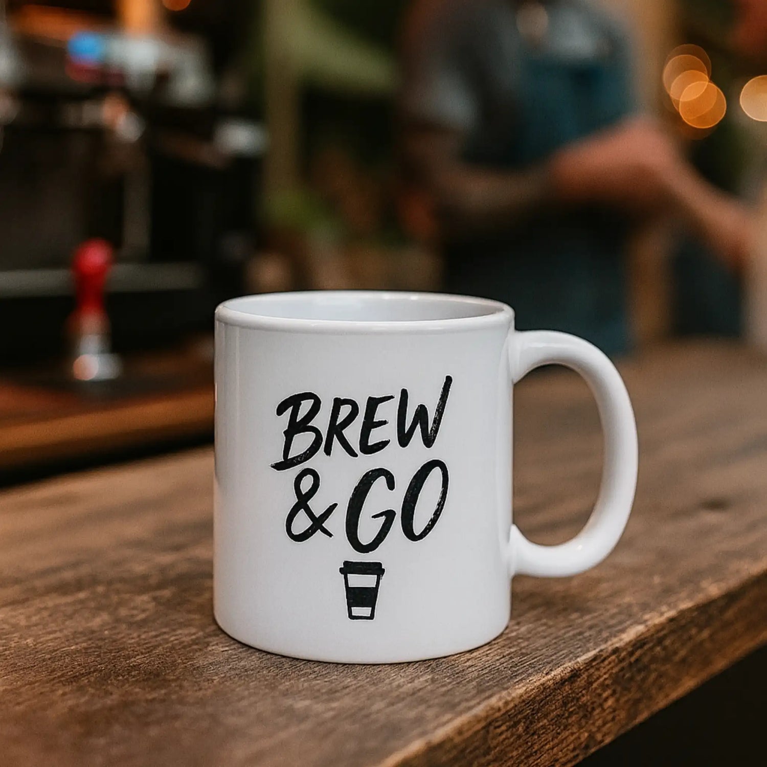 Witte keramieken koffiemok met zwart ‘Brew & Go’ logo op houten toonbank bij foodtruck op streetfoodfestival, met barista op de achtergrond