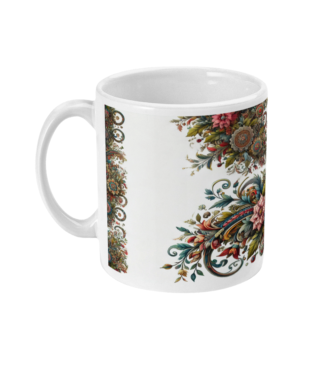 Bedrukte koffiemok met florale print en vrolijke bloemen 1.