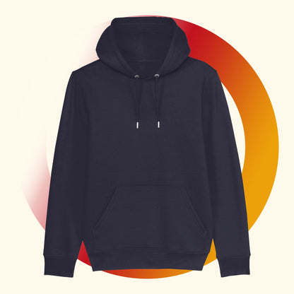 Blauwe koffie hoodie met leuke koffie tekst Making Groovy Goofy Coffee op de rug. Vooraanzicht.