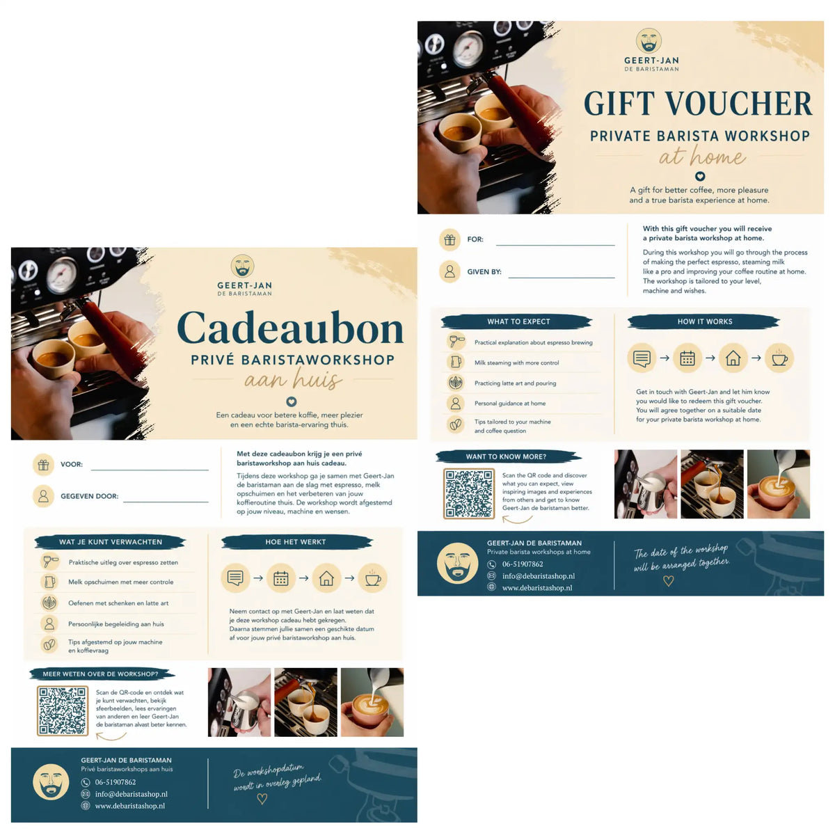 Preview van de Nederlandse en Engelse cadeaubon voor een privé barista workshop aan huis van Geert-Jan de baristaman, met beide gift voucher ontwerpen naast elkaar in één afbeelding.