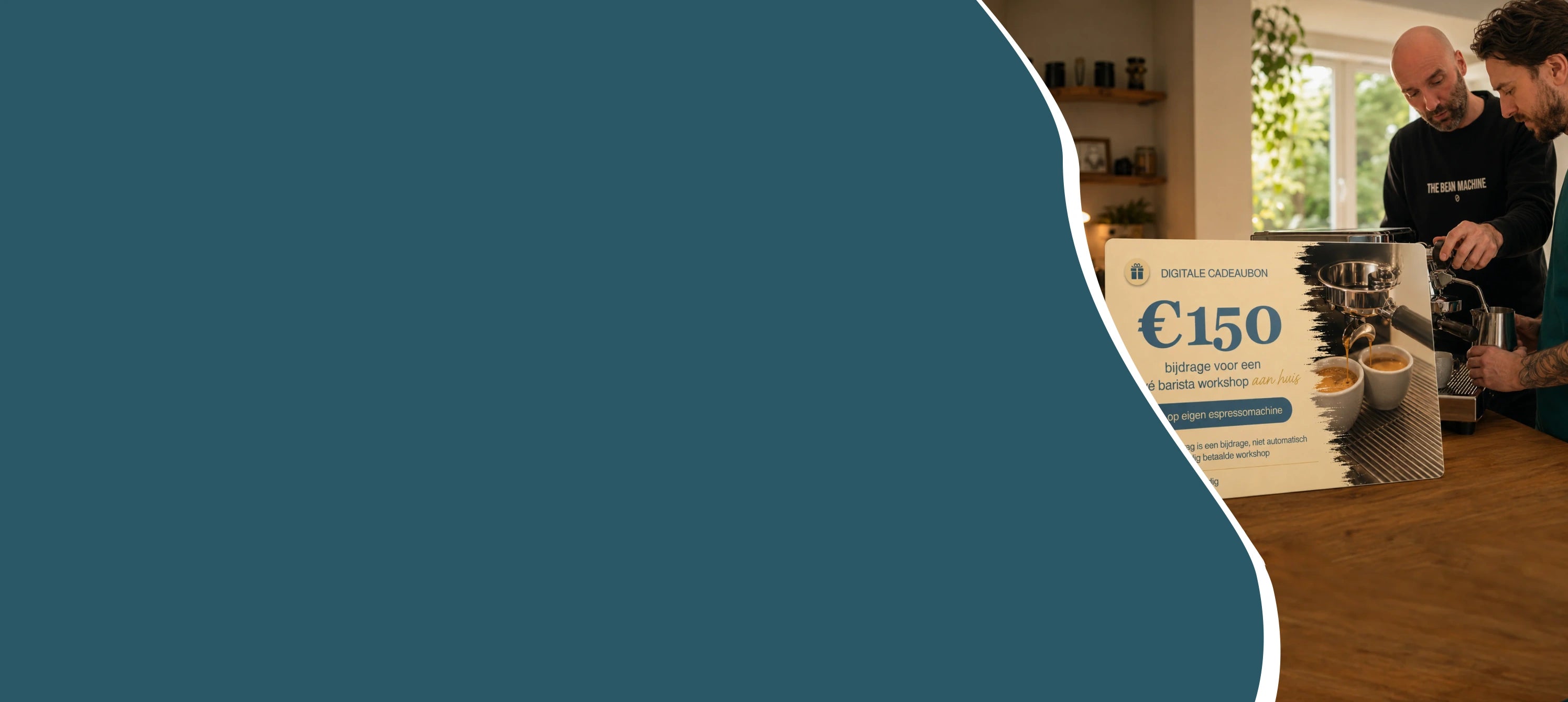 Hero banner van een digitale cadeaubon als bijdrage aan een privé barista workshop aan huis op de eigen espressomachine.
