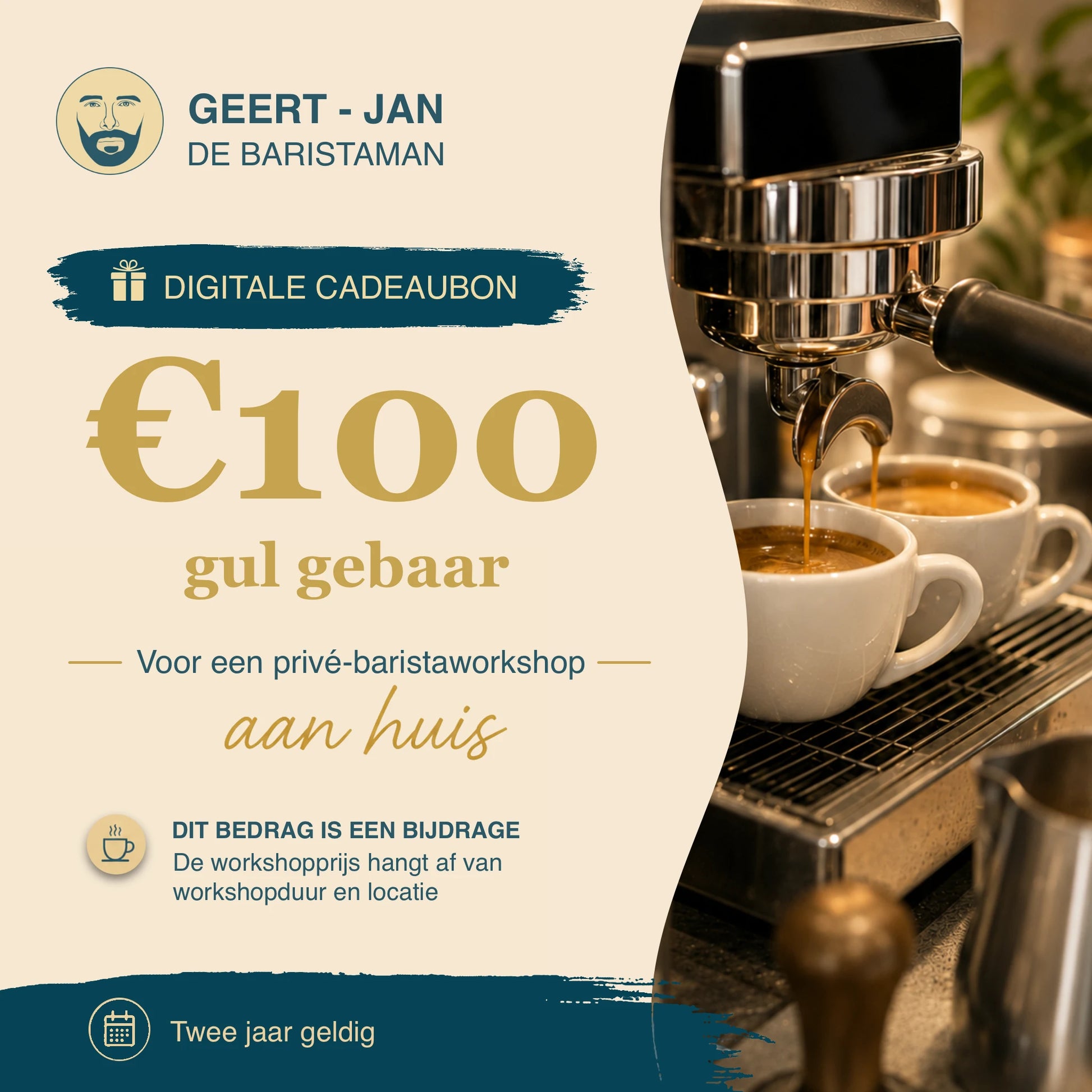 Digitale cadeaubon van 100 euro voor een privé barista workshop aan huis, met de tekst ‘Gul gebaar’