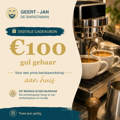 Digitale cadeaubon van 100 euro voor een privé barista workshop aan huis, met de tekst ‘Gul gebaar’