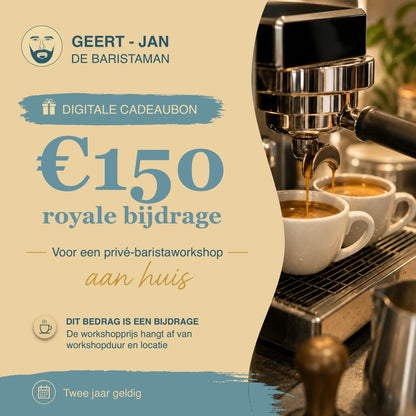 Digitale cadeaubon van 150 euro voor een privé barista workshop aan huis, met de tekst ‘Royale bijdrage’