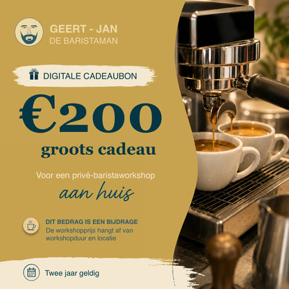 Digitale cadeaubon van 200 euro voor een privé barista workshop aan huis, met de tekst ‘Groots cadeau’