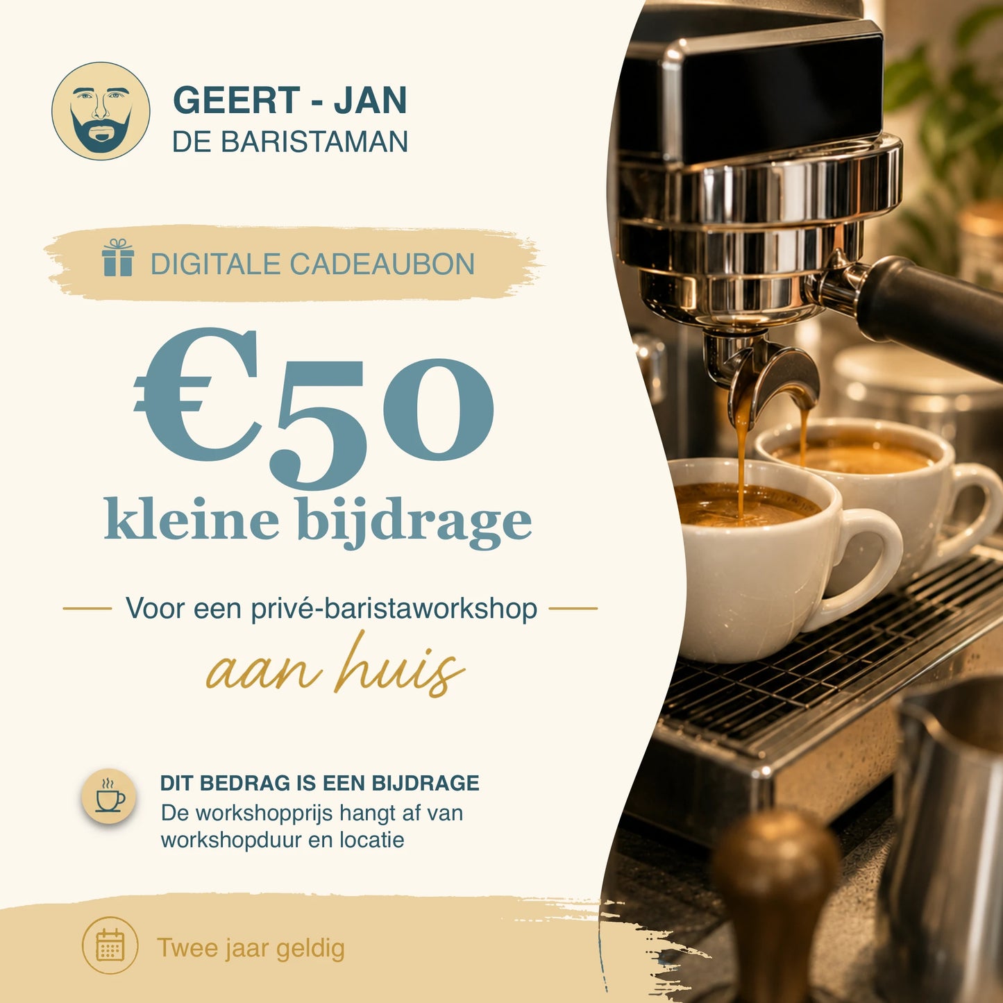 Digitale cadeaubon van 50 euro voor een privé barista workshop aan huis, met de tekst ‘Kleine bijdrage’