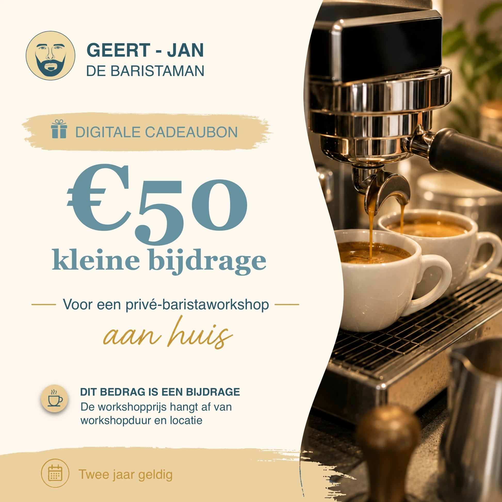 Digitale cadeaubon van 50 euro voor een privé barista workshop aan huis, met de tekst ‘Kleine bijdrage’