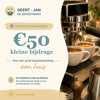 Digitale cadeaubon van 50 euro voor een privé barista workshop aan huis, met de tekst ‘Kleine bijdrage’