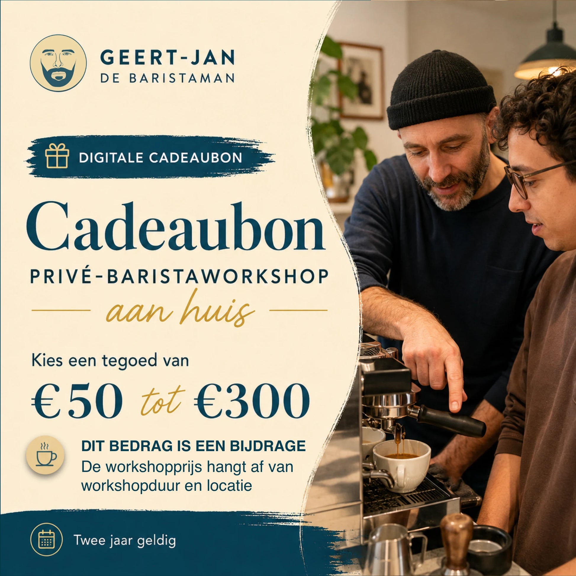 Digitale cadeaubon van 50 tot 300 euro als bijdrage aan een privé barista workshop aan huis met Geert-Jan de Baristaman