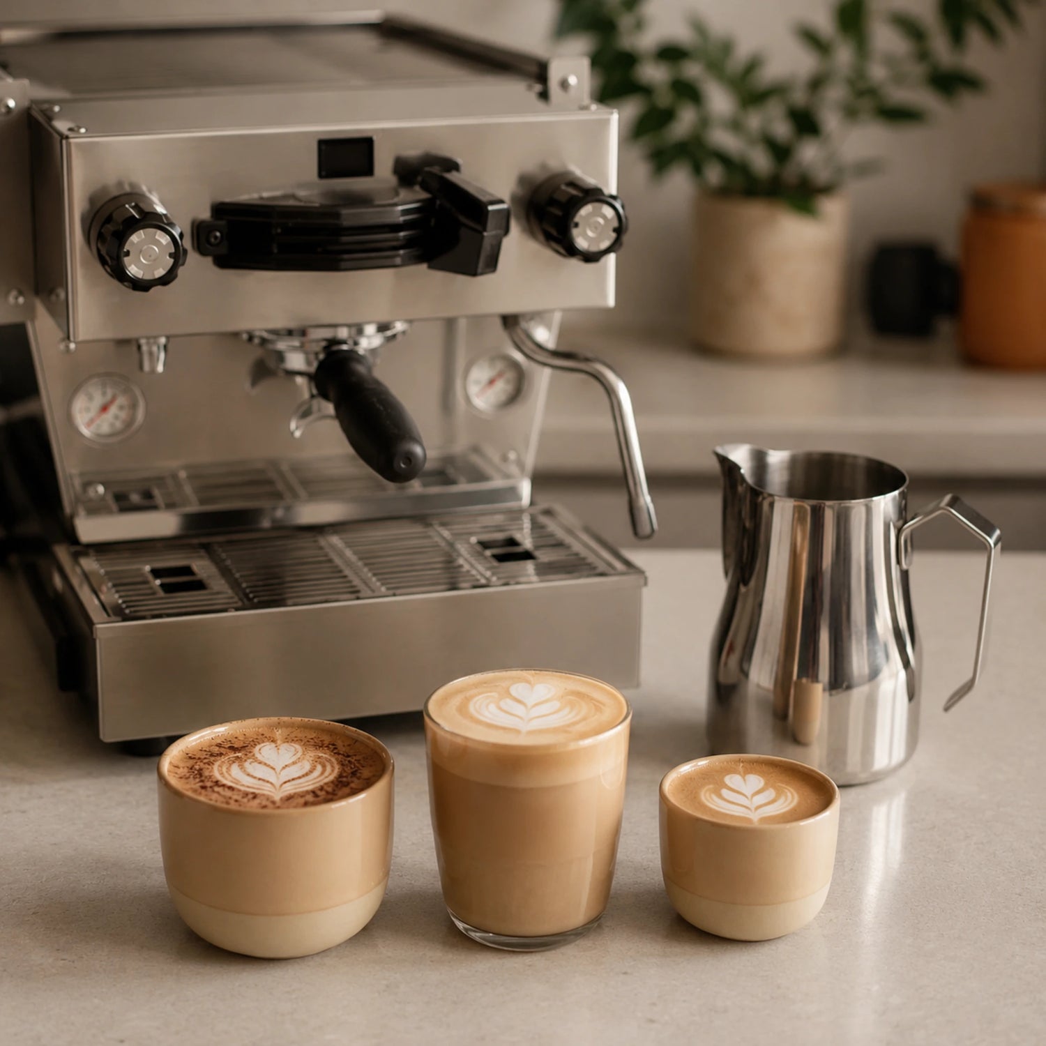 Cappuccino, latte en flat white naast een RVS melkkan en espressomachine voor thuisbarista’s die goed melkschuim willen maken