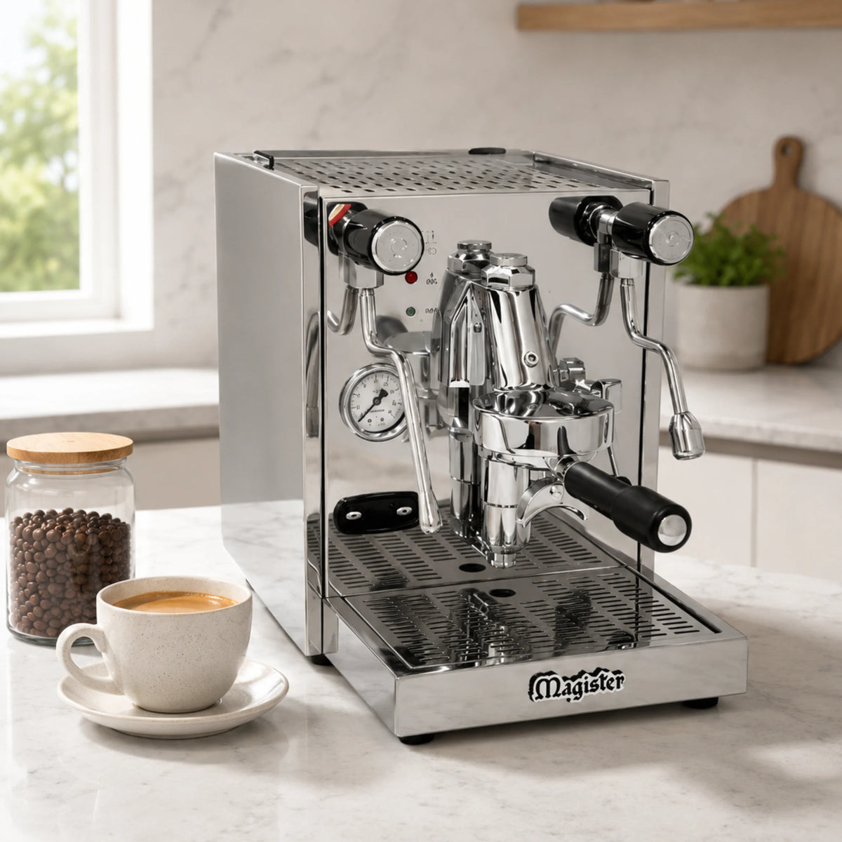 Een cappuccino en koffiebonen tijdens een workshop op een Magister-espressomachine