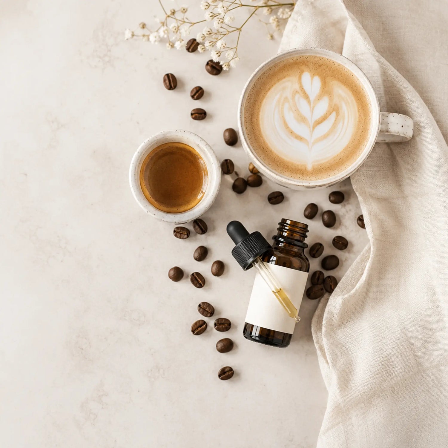 Espresso en latte naast koffiebonen en een flesje CBD-olie