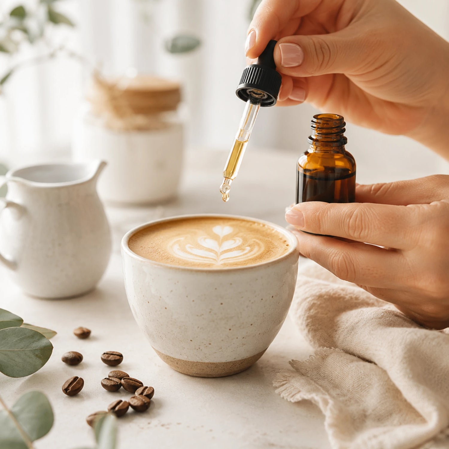 CBD-olie wordt met een pipet aan een vers gezette latte toegevoegd