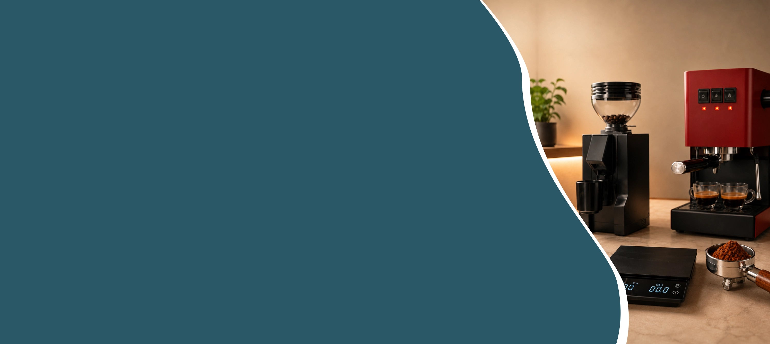 Hero banner met een portafilter met gemalen koffie op een digitale koffieweegschaal voor consistente espresso thuis