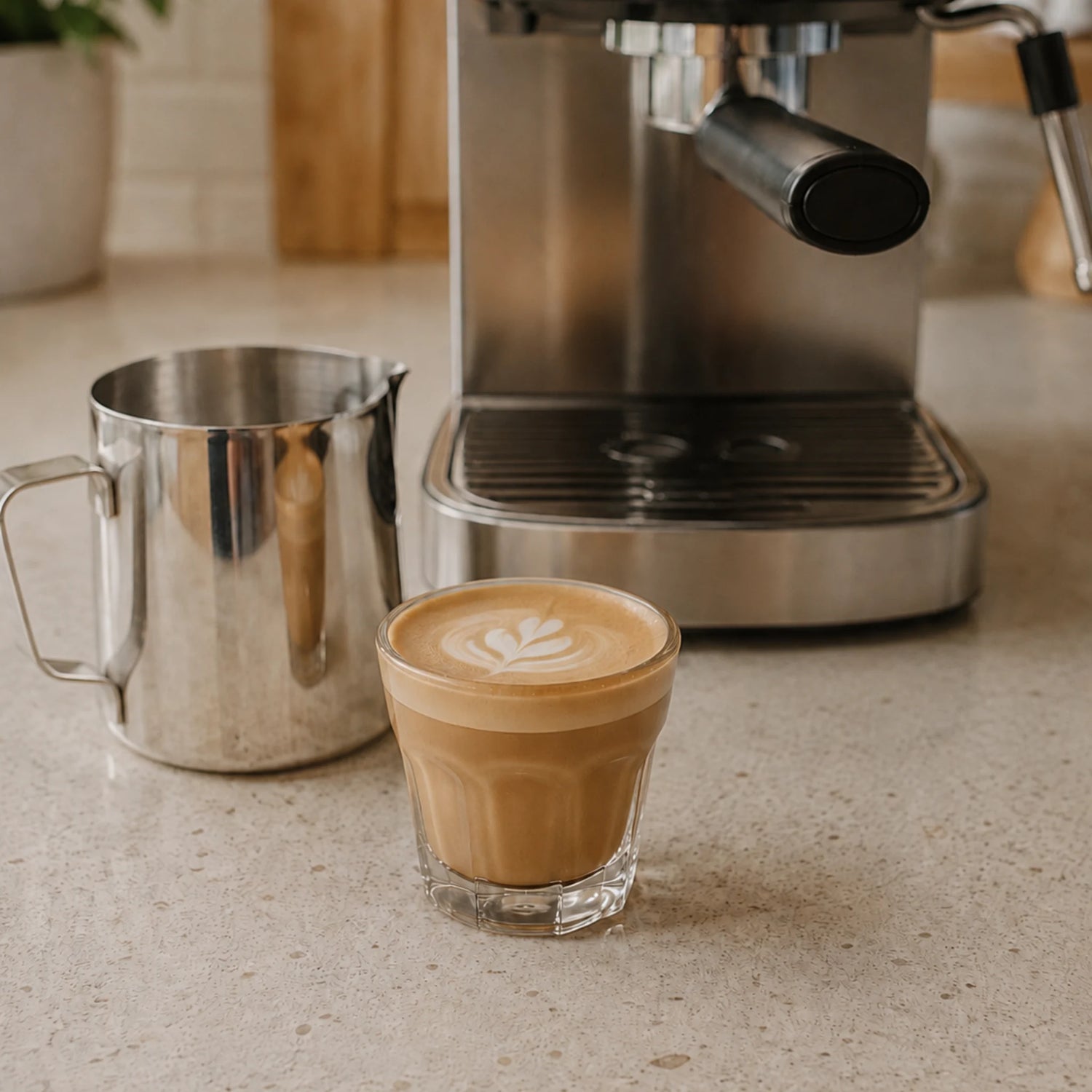 Cortado van espresso en warme melk in een klein glas naast een espressomachine en melkkan