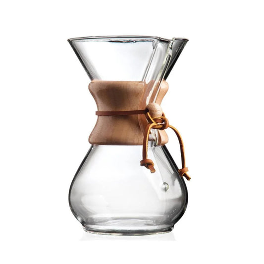 Chemex Filtermethode 6 Kops voor Filterkoffie. Vooraanzicht.