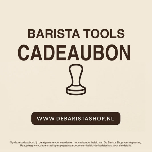 Digitale cadeaubon voor barista tools van De Barista Shop met minimalistisch tamper icoon, perfect cadeau voor koffieliefhebbers – inwisselbaar voor espressomachine accessoires zoals melkkannetjes en tampers. Direct online te bestellen en te verzenden via debaristashop.nl.