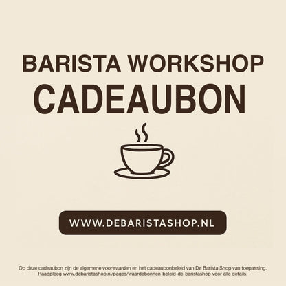 Digitale cadeaubon voor barista workshops van De Barista Shop met minimalistisch koffiekop icoon, perfect cadeau voor koffieliefhebbers – inwisselbaar voor barista workshops en cursussen in Amsterdam. Direct online te bestellen en te verzenden via debaristashop.nl.