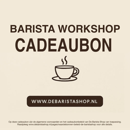 Digitale cadeaubon voor barista workshops van De Barista Shop met minimalistisch koffiekop icoon, perfect cadeau voor koffieliefhebbers – inwisselbaar voor barista workshops en cursussen in Amsterdam. Direct online te bestellen en te verzenden via debaristashop.nl.