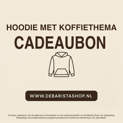 Digitale cadeaubon voor hoodie met koffiethema van De Barista Shop met minimalistisch hoodie icoon, perfect cadeau voor koffieliefhebbers – de online giftcard is inwisselbaar voor hoodies met koffieprints, art en opdrukken. Direct online te bestellen en te verzenden via debaristashop.nl.