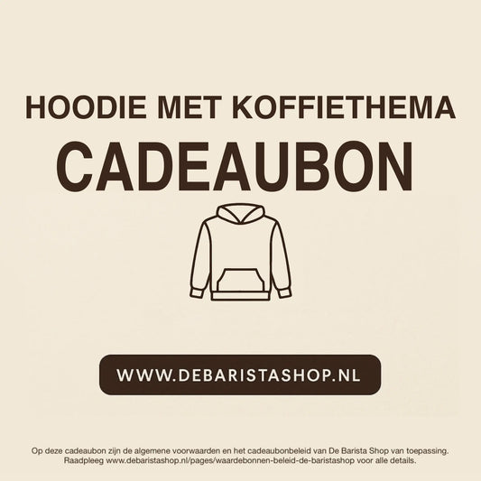 Digitale cadeaubon voor hoodie met koffiethema van De Barista Shop met minimalistisch hoodie icoon, perfect cadeau voor koffieliefhebbers – de online giftcard is inwisselbaar voor hoodies met koffieprints, art en opdrukken. Direct online te bestellen en te verzenden via debaristashop.nl.