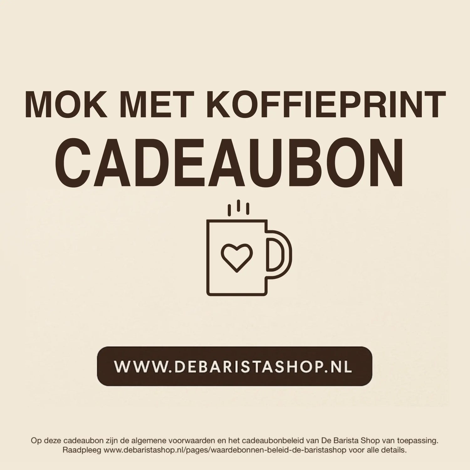 Digitale cadeaubon voor mokken meet koffieprint van De Barista Shop met minimalistisch mok icoon, perfect cadeau voor koffieliefhebbers – de online giftcard is inwisselbaar voor mokken met koffiethema's en bedrukkingen. Direct online te bestellen en te verzenden via debaristashop.nl.