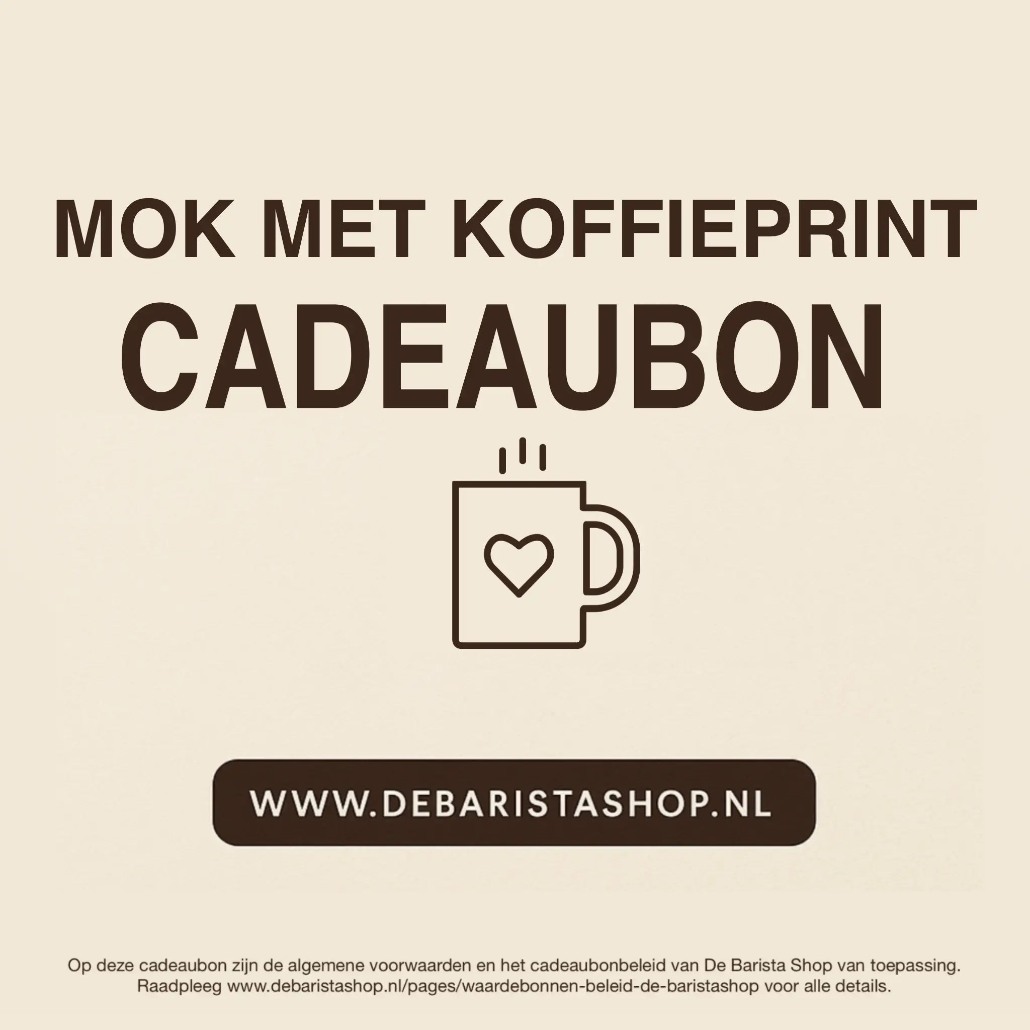 Digitale cadeaubon voor mokken meet koffieprint van De Barista Shop met minimalistisch mok icoon, perfect cadeau voor koffieliefhebbers – de online giftcard is inwisselbaar voor mokken met koffiethema's en bedrukkingen. Direct online te bestellen en te verzenden via debaristashop.nl.