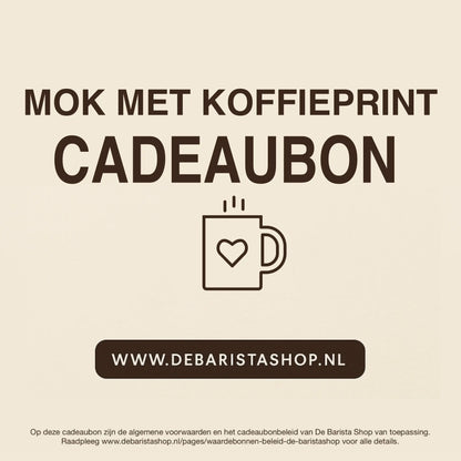 Digitale cadeaubon voor mokken meet koffieprint van De Barista Shop met minimalistisch mok icoon, perfect cadeau voor koffieliefhebbers – de online giftcard is inwisselbaar voor mokken met koffiethema's en bedrukkingen. Direct online te bestellen en te verzenden via debaristashop.nl.