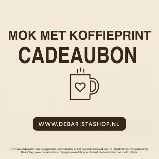 Digitale cadeaubon voor mokken meet koffieprint van De Barista Shop met minimalistisch mok icoon, perfect cadeau voor koffieliefhebbers – de online giftcard is inwisselbaar voor mokken met koffiethema's en bedrukkingen. Direct online te bestellen en te verzenden via debaristashop.nl.