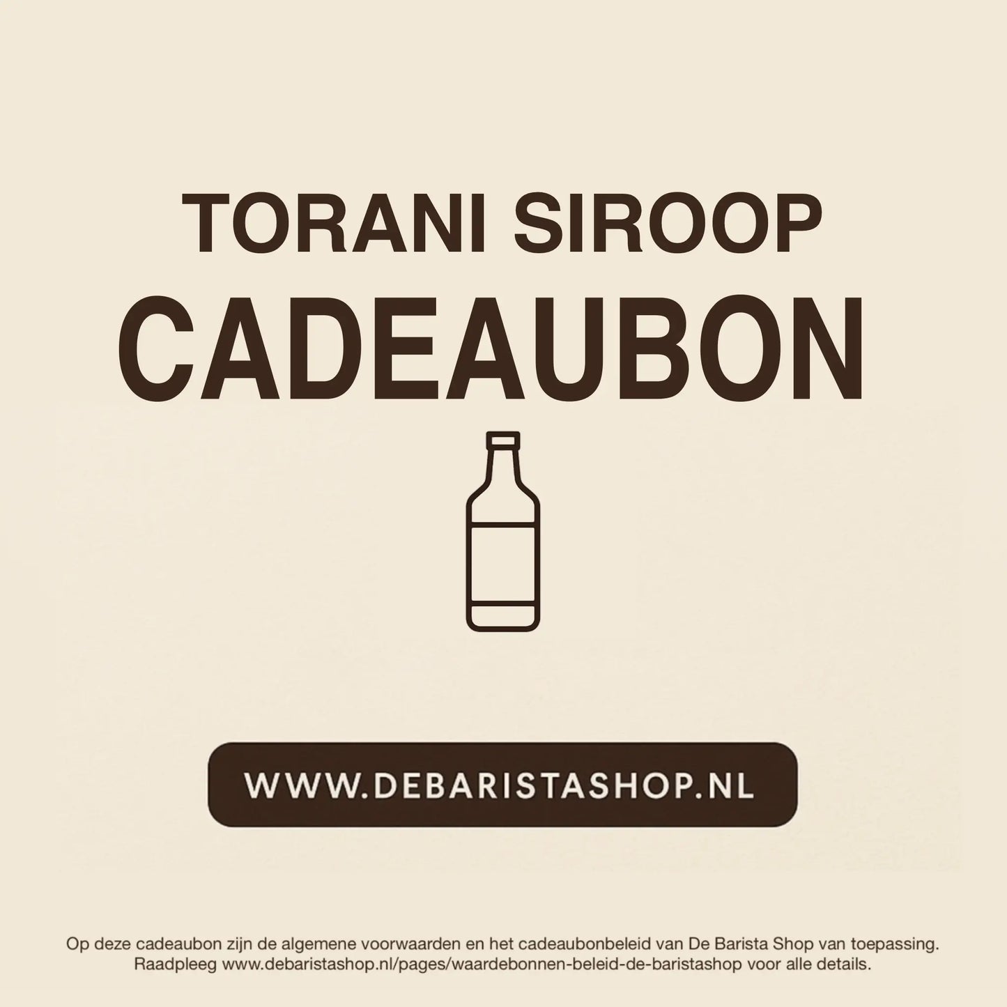 Digitale cadeaubon voor koffiesiroop van De Barista Shop met minimalistisch flesicoon, perfect cadeau voor koffieliefhebbers – de online giftcard is inwisselbaar voor smaken als salted caramel, vanille en hazelnoot. Direct online te bestellen en te verzenden via debaristashop.nl.