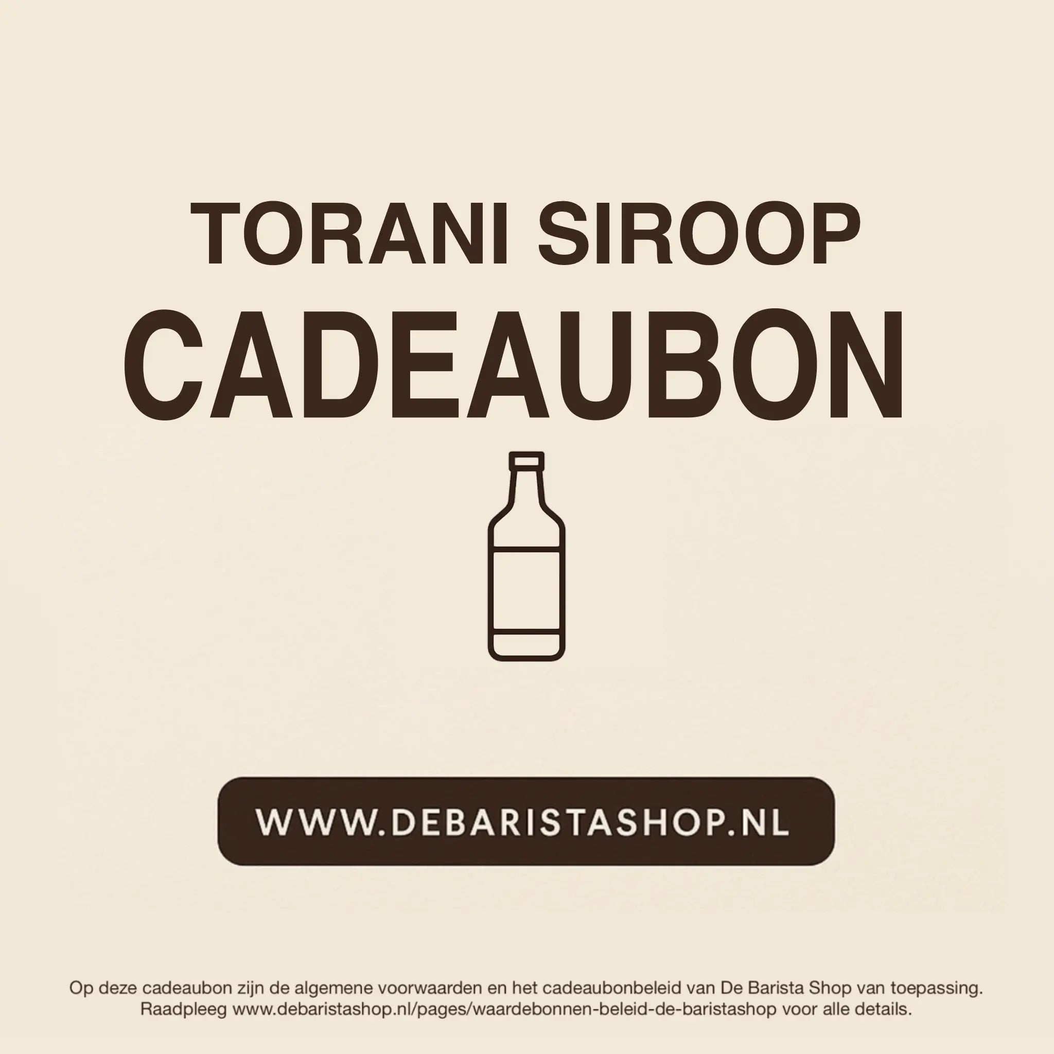Digitale cadeaubon voor koffiesiroop van De Barista Shop met minimalistisch flesicoon, perfect cadeau voor koffieliefhebbers – de online giftcard is inwisselbaar voor smaken als salted caramel, vanille en hazelnoot. Direct online te bestellen en te verzenden via debaristashop.nl.