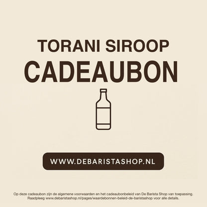 Digitale cadeaubon voor koffiesiroop van De Barista Shop met minimalistisch flesicoon, perfect cadeau voor koffieliefhebbers – de online giftcard is inwisselbaar voor smaken als salted caramel, vanille en hazelnoot. Direct online te bestellen en te verzenden via debaristashop.nl.