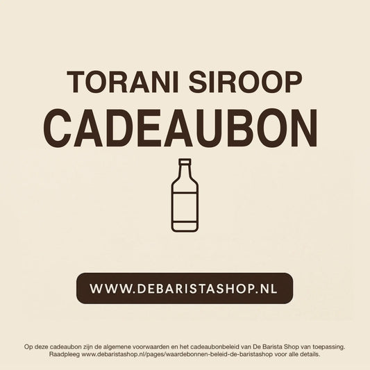 Digitale cadeaubon voor koffiesiroop van De Barista Shop met minimalistisch flesicoon, perfect cadeau voor koffieliefhebbers – de online giftcard is inwisselbaar voor smaken als salted caramel, vanille en hazelnoot. Direct online te bestellen en te verzenden via debaristashop.nl.