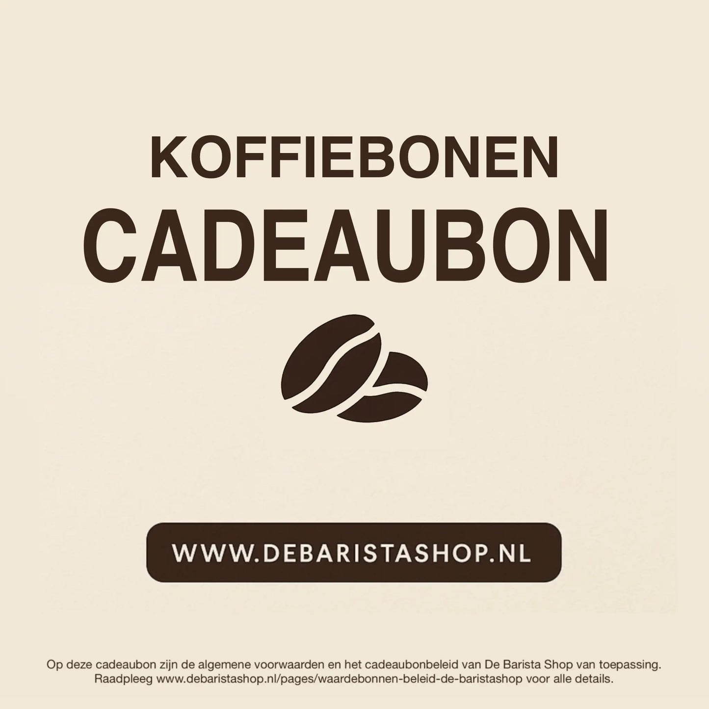 Digitale cadeaubon voor koffiebonen van De Barista Shop met minimalistisch koffieboon icoon, perfect cadeau voor koffieliefhebbers – de online giftcard is inwisselbaar voor specialty coffee zoals Brazilie en Guatemala. Direct online te bestellen en te verzenden via debaristashop.nl.