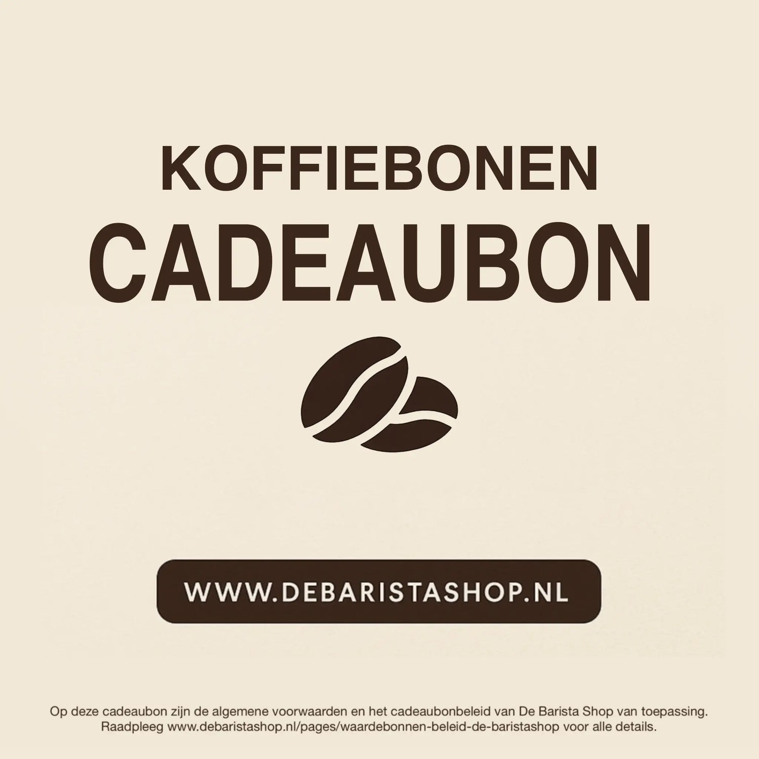 Digitale cadeaubon voor koffiebonen van De Barista Shop met minimalistisch koffieboon icoon, perfect cadeau voor koffieliefhebbers – de online giftcard is inwisselbaar voor specialty coffee zoals Brazilie en Guatemala. Direct online te bestellen en te verzenden via debaristashop.nl.