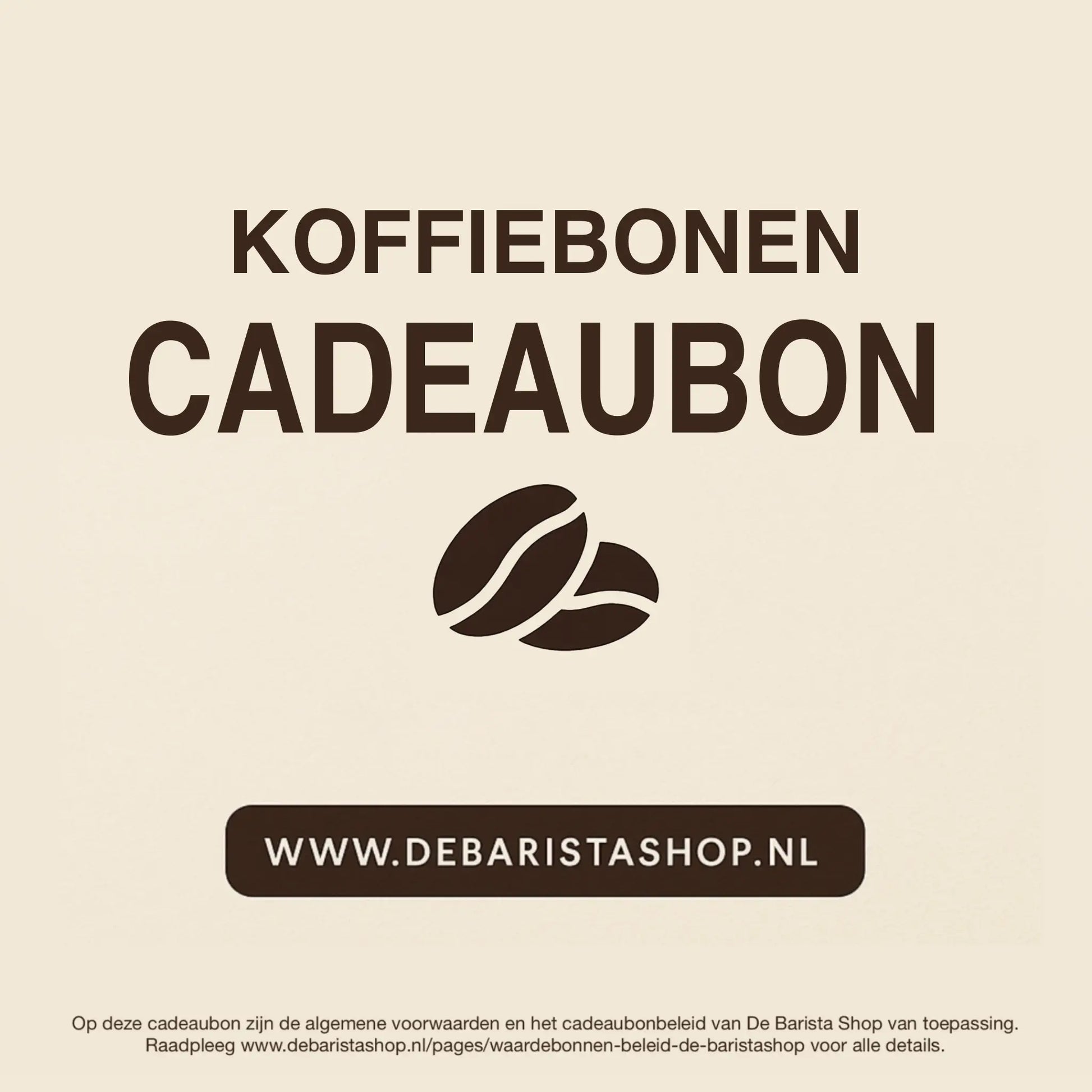Digitale cadeaubon voor koffiebonen van De Barista Shop met minimalistisch koffieboon icoon, perfect cadeau voor koffieliefhebbers – de online giftcard is inwisselbaar voor specialty coffee zoals Brazilie en Guatemala. Direct online te bestellen en te verzenden via debaristashop.nl.