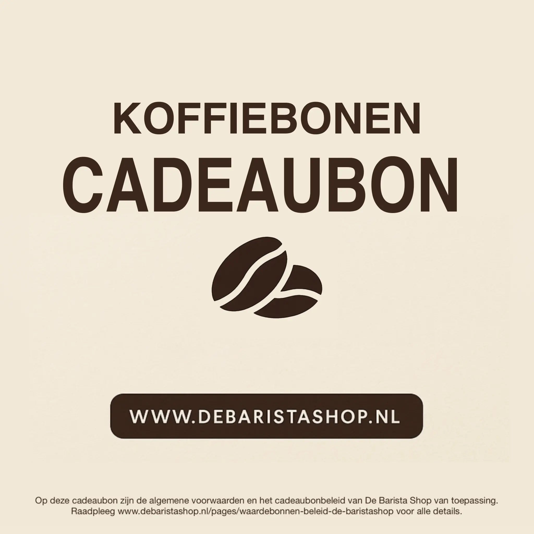 Digitale cadeaubon voor koffiebonen van De Barista Shop met minimalistisch koffieboon icoon, perfect cadeau voor koffieliefhebbers – de online giftcard is inwisselbaar voor specialty coffee zoals Brazilie en Guatemala. Direct online te bestellen en te verzenden via debaristashop.nl.