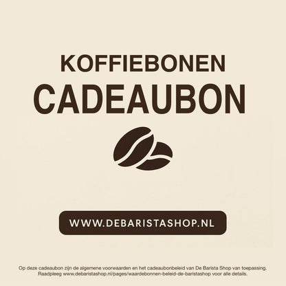 Digitale cadeaubon voor koffiebonen van De Barista Shop met minimalistisch koffieboon icoon, perfect cadeau voor koffieliefhebbers – de online giftcard is inwisselbaar voor specialty coffee zoals Brazilie en Guatemala. Direct online te bestellen en te verzenden via debaristashop.nl.
