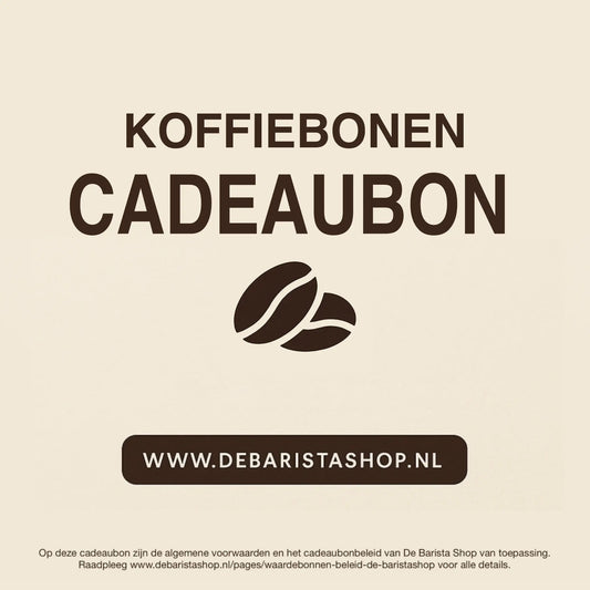Digitale cadeaubon voor koffiebonen van De Barista Shop met minimalistisch koffieboon icoon, perfect cadeau voor koffieliefhebbers – de online giftcard is inwisselbaar voor specialty coffee zoals Brazilie en Guatemala. Direct online te bestellen en te verzenden via debaristashop.nl.