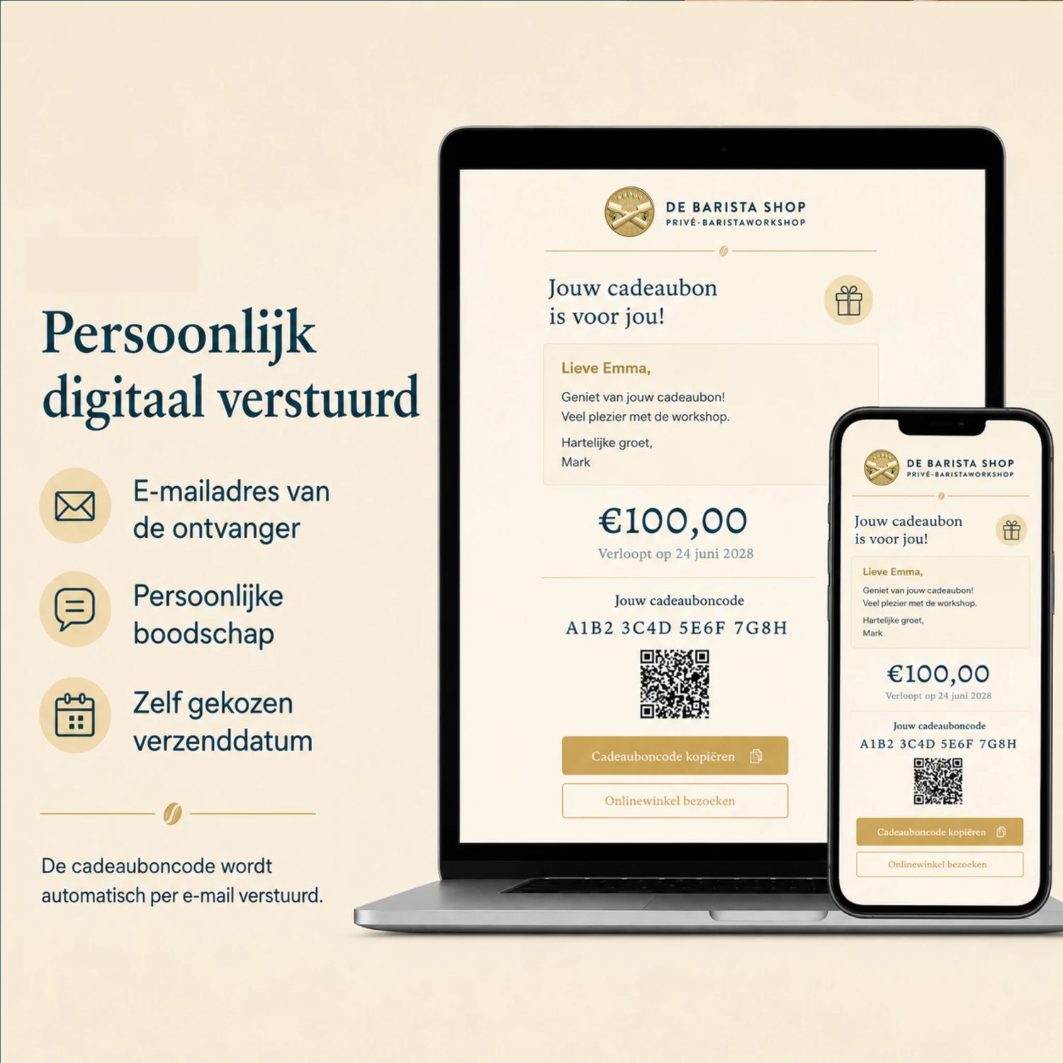Digitale cadeaubon voor een privé barista workshop aan huis, persoonlijk per e-mail verstuurd met boodschap en gekozen verzenddatum