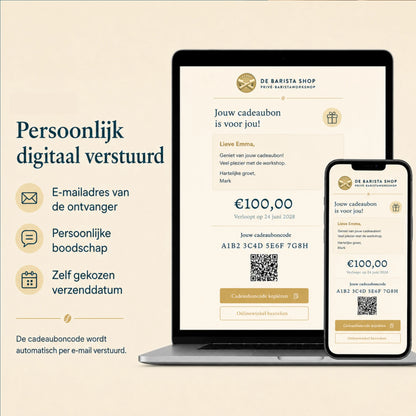 Digitale cadeaubon voor een privé barista workshop aan huis, persoonlijk per e-mail verstuurd met boodschap en gekozen verzenddatum