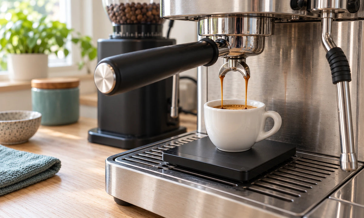 Espresso stroomt uit een dubbele uitloop in een klein wit kopje op een koffieweegschaal.