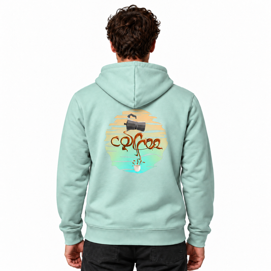 Drummer 2.0 hoodie in Caribbean Blue, gedragen rugaanzicht met percolatorprint op een witte achtergrond.